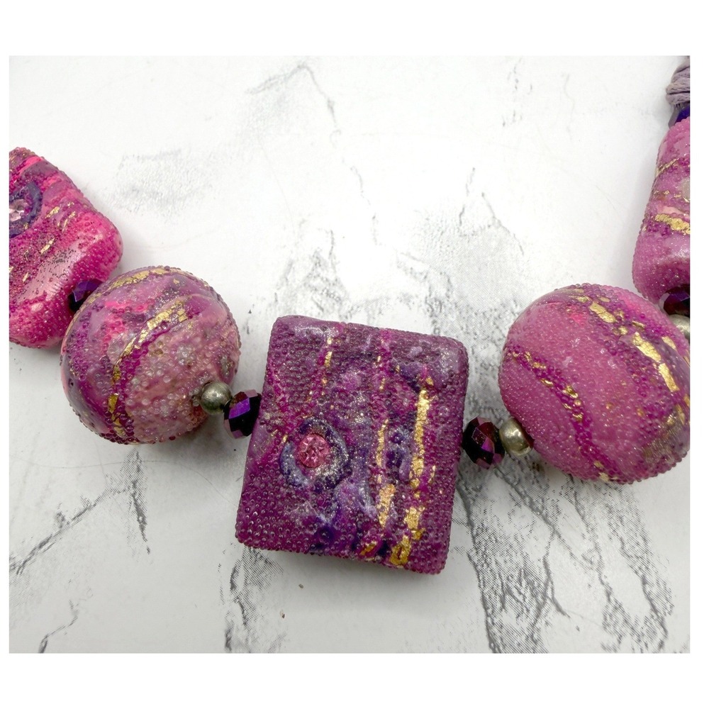 Chunky Geometric Statement Necklace Purple Pink Beaded Cord Artisan Style - Picture 3 of 4